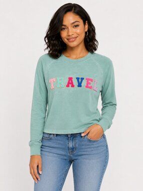 Blue Long Sleeve Light Weight Patch Letters Travel Graphic Tee Shirt Large